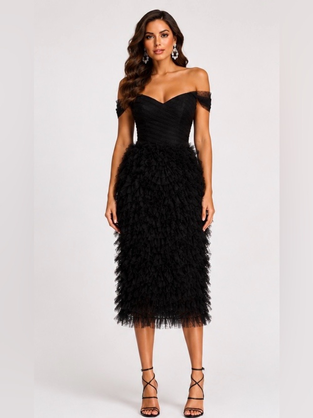 NWT Marchesa Notte Black Ruffle Tulle Midi Dress Size 0